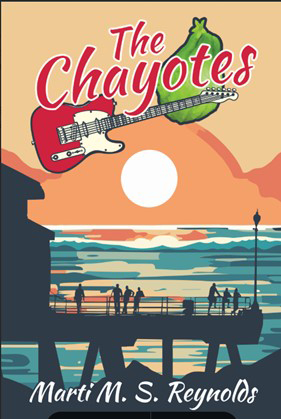 Book Cover The Chayotes, Illustration of a guitar, dock and ocean sunset